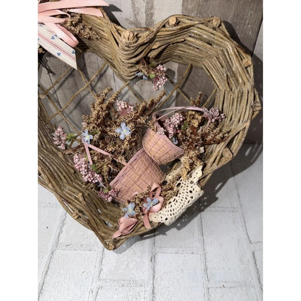 Twig Heart Wreath Primitive Rustic Country Cottage Pink Floral Basket Wall Decor
